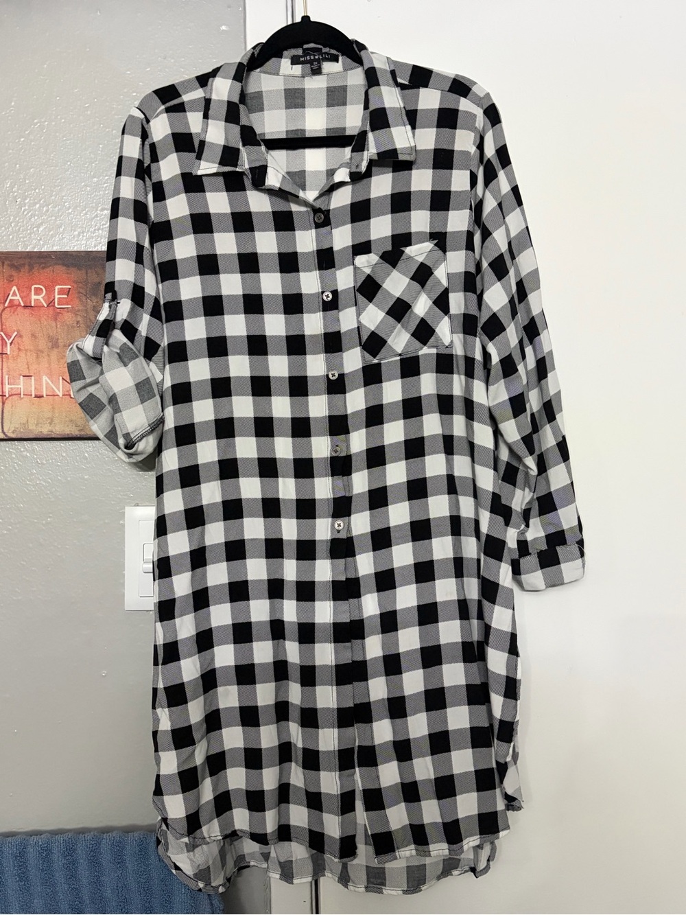 Miss Lili Black & White Plaid Long Sleeve Shirt Dress